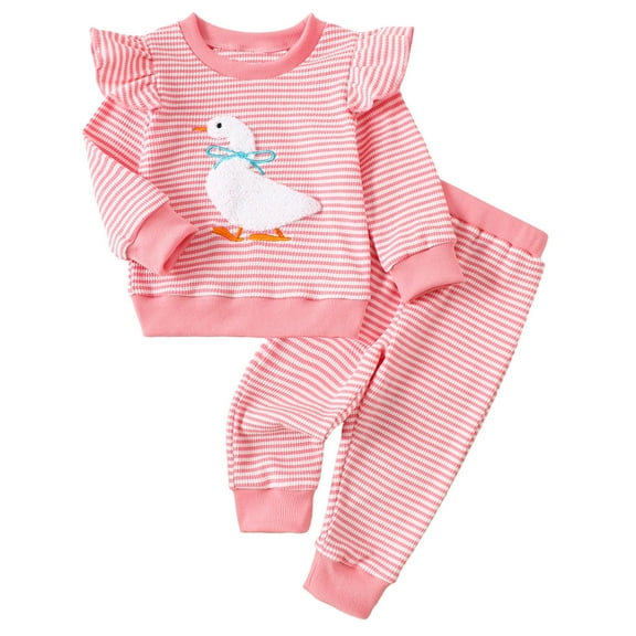 Xyant Toddler Girl Fall Winter Clothes Goose/ Long Sleeve Pullover Sweatshirts Stripe Pants Farm Goose Outfit for Toddler Girls (Pink,18-24 Months)