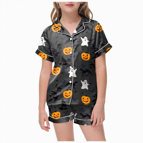 Xyant Toddler Girl Halloween Pajamas Pumpkin Ghost Short Sleeve 2 Piece Button Down Pjs Set for Kids Soft Sleepwear Pajamas for Girls,Size 4-5 T