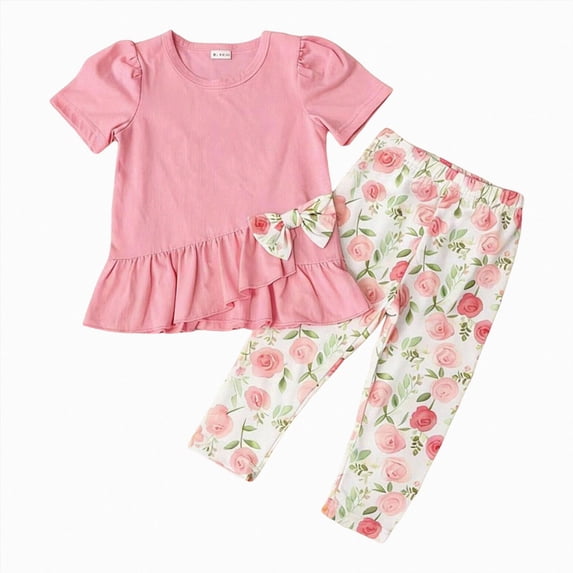 Xyant Toddler Girl Summer Clothes 12 18 24 Months 2T 3T 4T 5T Girls Outfit Short Sleeve Ruffle Bowknot Top+Floral Capri Pants 2Pcs Spring Set (Red,4-5 Years)