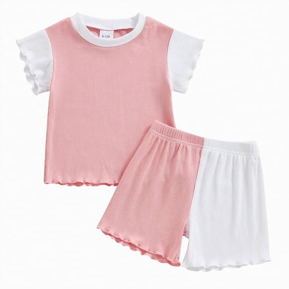 Xyant Toddler Girls Clothes Baby Summer Outfits Color Block Short Sleeves Crewneck Tshirt Tops and Shorts Cute 2 Pieces Short Sets (White,12-18 Months)