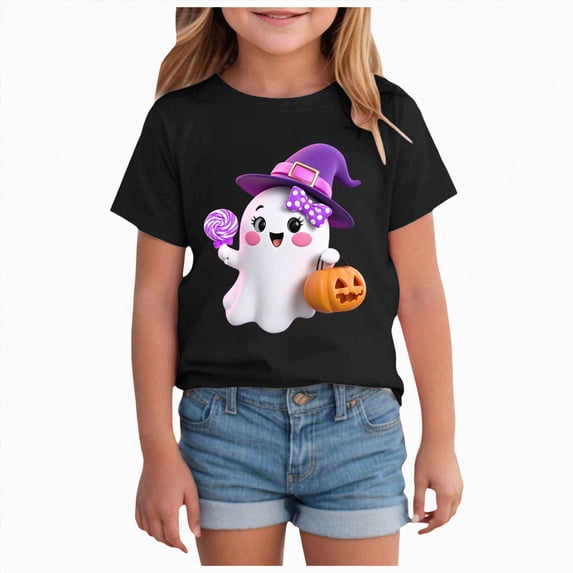 Xyant Toddler Girls Halloween Shirt Short Sleeve Pumpkin/Ghost Tshirt Kids Cotton Tops Halloween T Shirts Girls,Size 2-14 Years