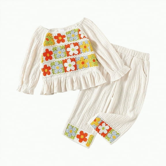 Xyant Toddler Girls Outfits Crocheted Colorful Flowers Long Sleeve Shirt and Elastic Pants Set Baby 2 Piece Fall Winter Clothes (Beige,2-3 Years)