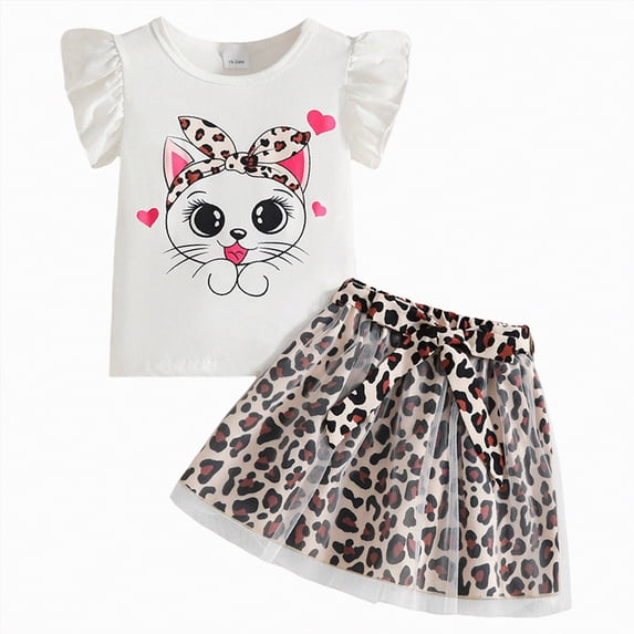 Xyant Toddler Girls Summer Outfits Cotton Leopard Print Ruffle T-Shirt Top and Skirt Infant Baby Clothing Set with Pockets (Khaki,12-18 Months)