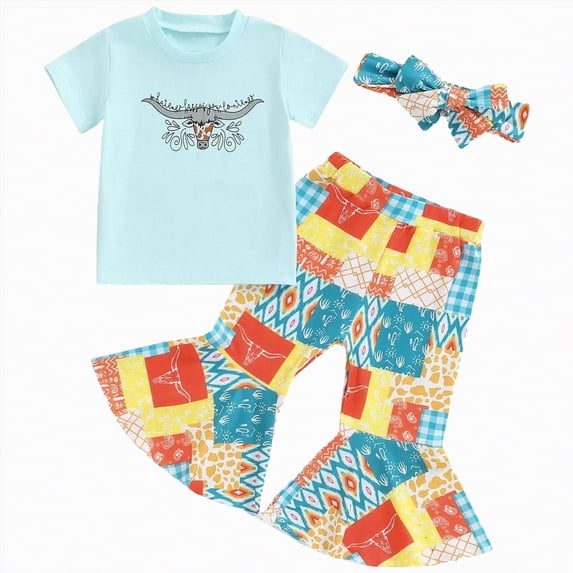 Xyant Toddler Western Baby Girl Clothes Cow/Horse Print Short Sleeve T-Shirt Elastic Flare Pants Headbands Set Infant Spring Outfits (Sky Blue,2-3 Years)