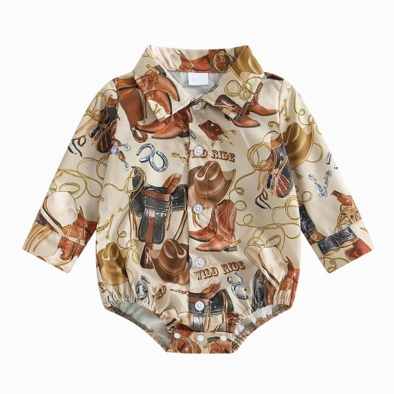Xyant Western Baby Boy Clothes Cowboy Shirt Romper Short Sleeve Button Down Dress Bodysuit Infant Gentleman Outfits (Brown,12-18 Months )