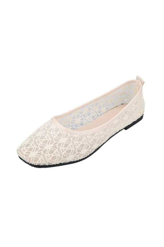 Womens Breathable Crochet Lace Ballet Flat,White