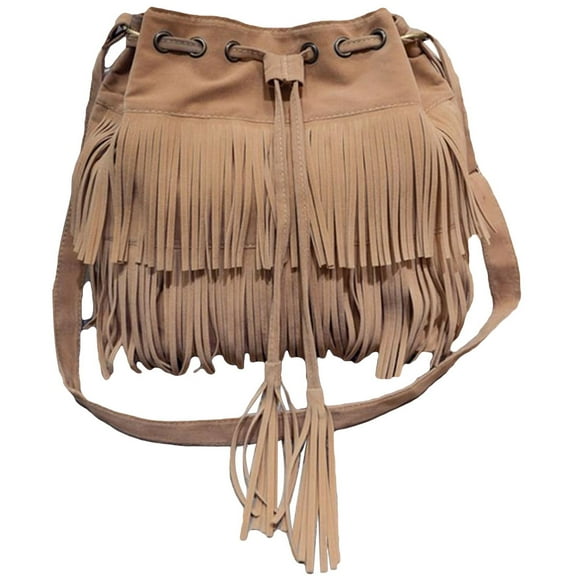 Windcarnival Women Solid Color Fringe Tassels Drawstring Crossbody Shoulder Suede Bucket Bag