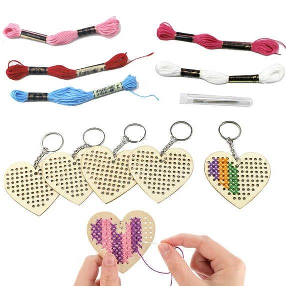 Xyer 5Pcs Wooden Love Heart Cross Stitch Embroidery DIY Key Ring Keychain Craft Kit