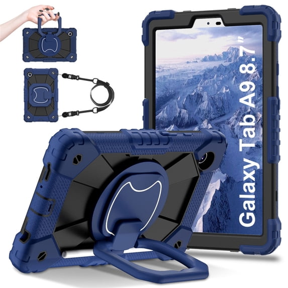 Xyhop Rugged Hybrid Case for Samsung Galaxy Tab A9 8.7 inch 2023, 360 Degree Stand Shoulder Strap Protector