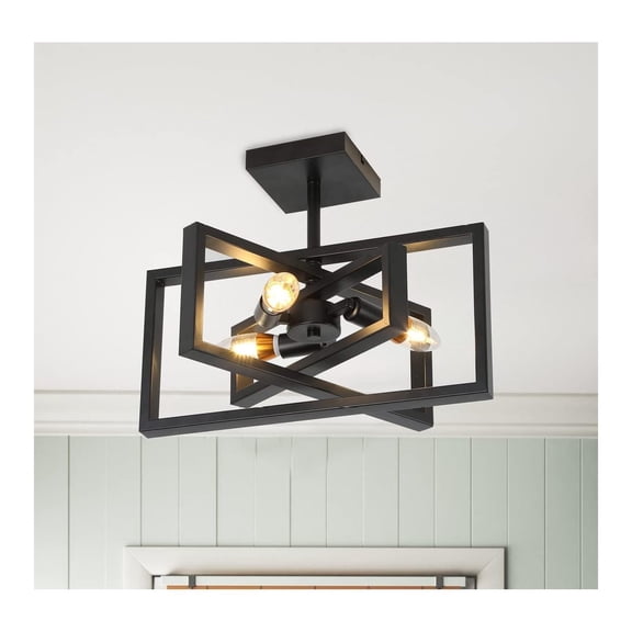 XylehR 3-light Rustic Semi Flush Mount Rectangle Ceiling Light Industrial Pendant Lighting Antique Farmhouse Fixture Black Finish for Dining Room Living Bedroom Kitchen Island Foyer Hallway