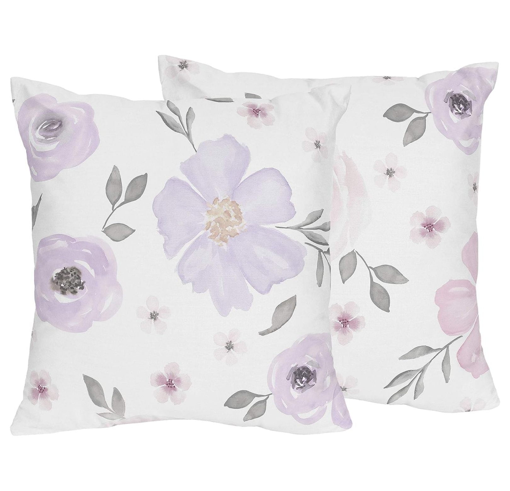 Lavender and Grey Watercolor Floral Square Pillow Set
