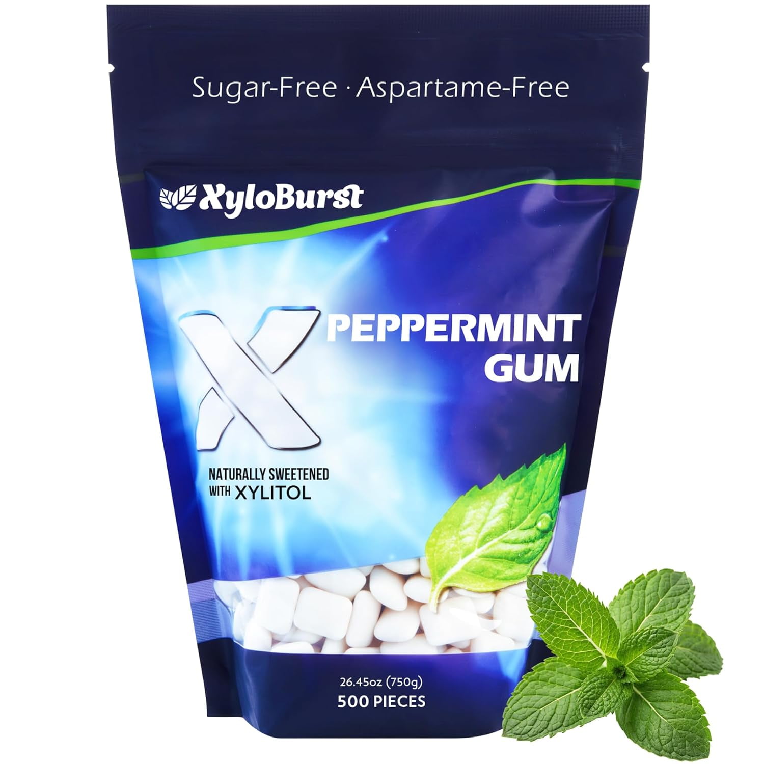 XyloBurst Xylitol Chewing Gum | Sugar Free, Gluten Free, Keto Friendly | Aspartame Free | Promotes Oral Health | Peppermint | 500-Count Bag