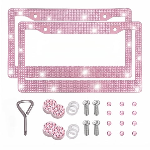Xylobyte Bling License Plate Frames for Women, 2 Pack Sparkly Rhinestone Diamond License Plate Frames, Car Accessories with Glitter Crystal Caps (Light Pink)