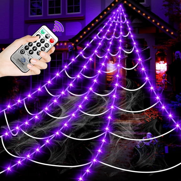 Xylobyte Halloween Decorations Outdoor, 220 LEDs Spider Web Lights, with 8 Lighting Modes Waterproof for Outdoor Yard Halloween Decorations (Purple)