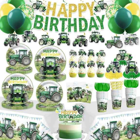 Xynic 201pcs Tractor Birthday Decorations, Convenient Paper Tableware Set Includes 300gsm Plates Waterproof Tablecloths Cupcake Toppers and Balloons for Tractor Birthday Party A101