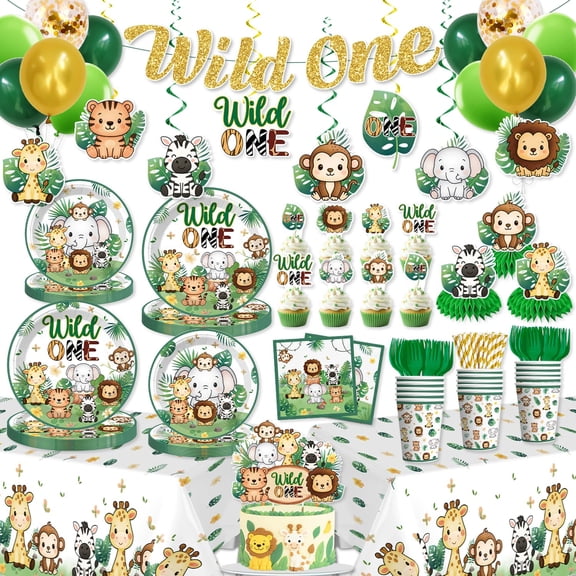 Xynic 211 Pcs Wild One Birthday Decorations, Wild One 1st Birthday Party Banner Balloons Tablecloth Plates and Napkins Set, Jungle Safari Animal Themed Party Supplies for Baby Boy Y114
