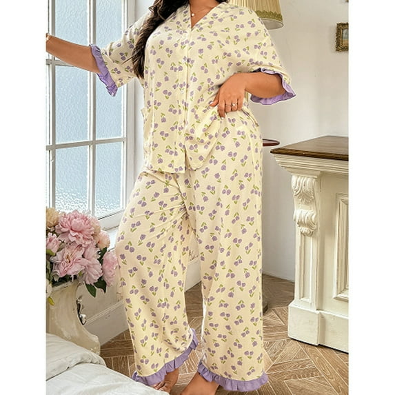Xysaqa 2 Pack Pajamas for Women Set Short Sleeve with Long Pajama Pant Soft Sleepwear Casual Printed Pjs Loungewear Sets Plus Size 2X 3X 4X