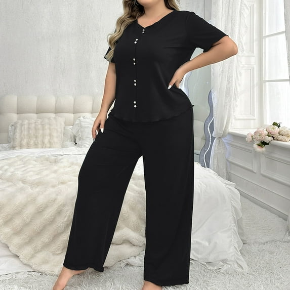 Xysaqa 2 Pack Pajamas for Women Set Short Sleeve with Long Pajama Pant Soft Sleepwear Solid Color Pjs Loungewear Sets Plus Size 2X 3X 4X