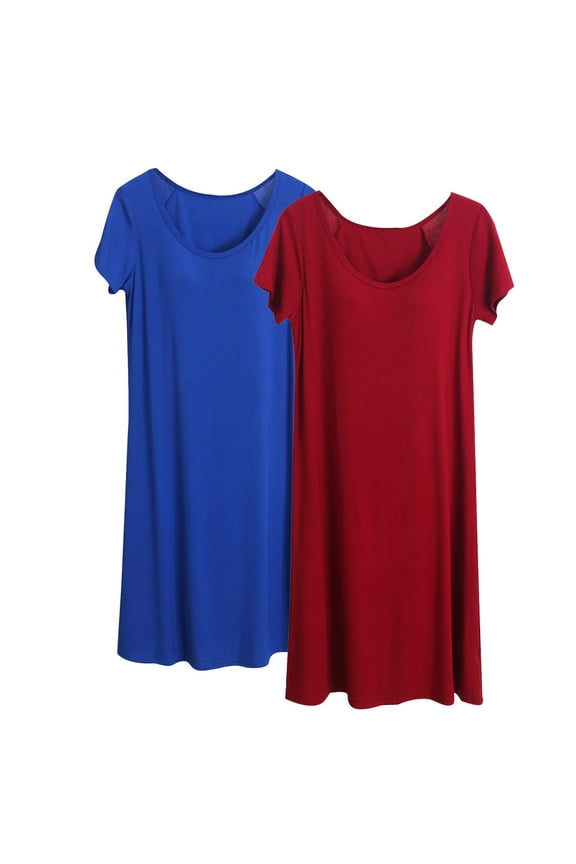 2 Pack Plus Size Nightgowns Women Comfy Nightshirts Short Sleeve Sleep Shirt Loose Plain Sleepwear Soft Loungewear for Women Night Dress 2X 3X 4X (Built in Bra) Clearance Blue+Wine