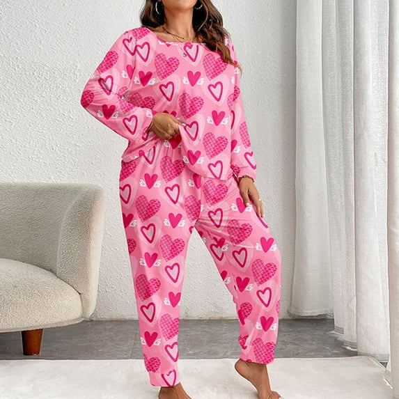 Xysaqa 2 Pack Plus Size Women's Pajama Set Long Sleeve with Long Pajama Pants Soft Sleepwear Cute Heart Printed Nightwear Pjs Lounge Sets 3X 4X 5X