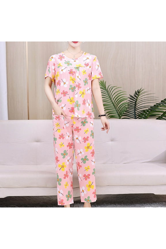 2 Pack Womens Pajama Sets Short Sleeve with Capri Pajama Pant Crew Neck Pjs Set Soft Sleepwear Floral Printed Cotton Loungewear Sets Plus Size 2X 3X 4X Purple