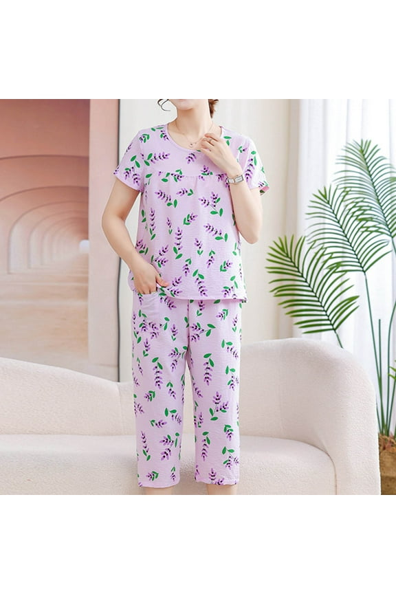 2 Pack Womens Pajama Sets Short Sleeve with Capri Pajama Pant Crew Neck Pjs Set Soft Sleepwear Floral Printed Cotton Loungewear Sets Plus Size 2X 3X 4X Purple