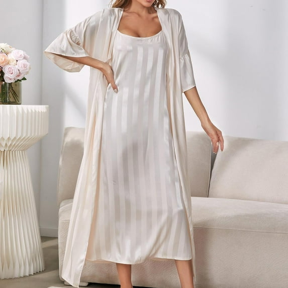 Xysaqa 2 Piece Satin Nightgown Robe Sets for Women Loose Wedding Party Pajama Long Nightdress Sleepwear Loungewear Dresses Set S-XL