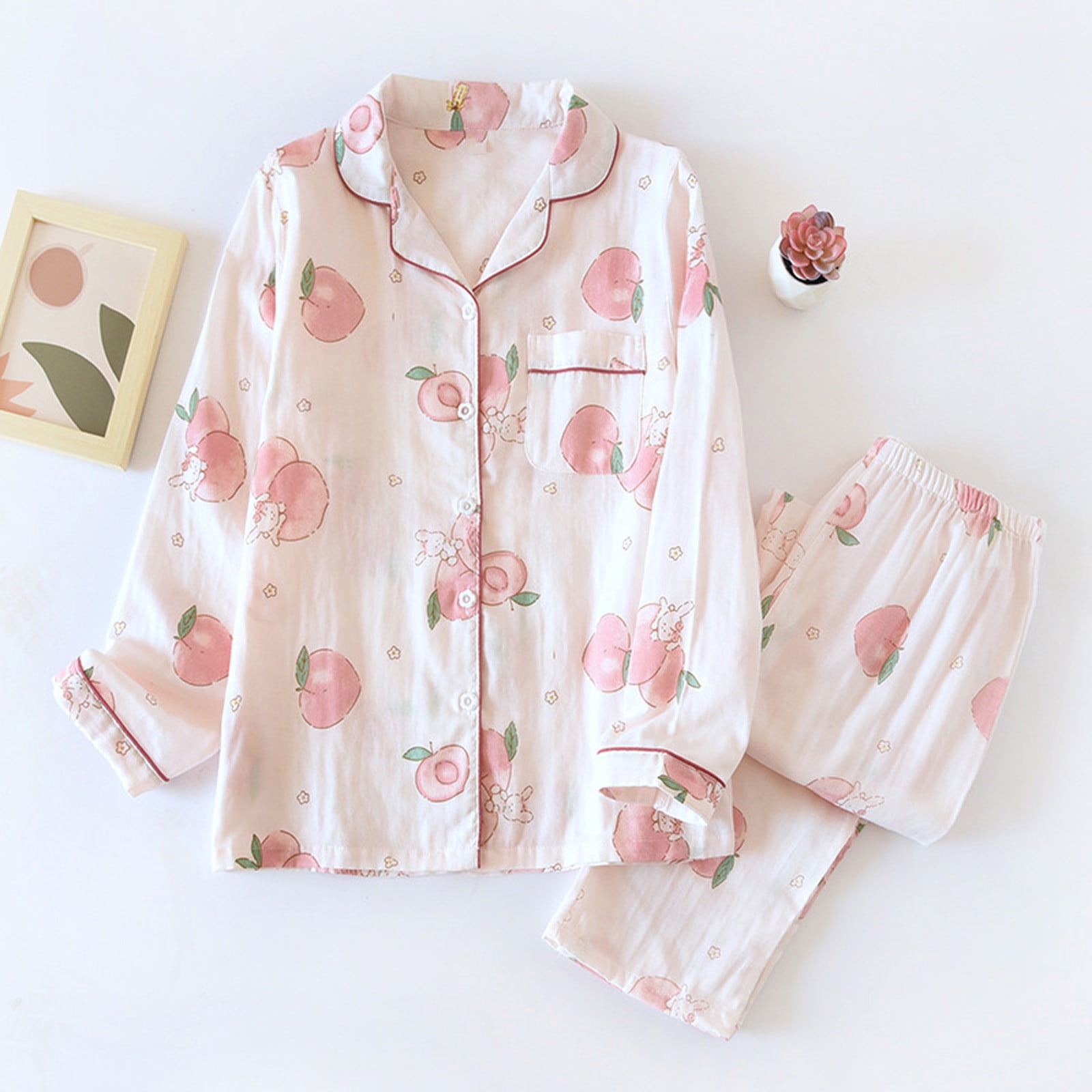 Coral Fleece Women's Autumn Winter Pajama Set Peach Print Ladies 2