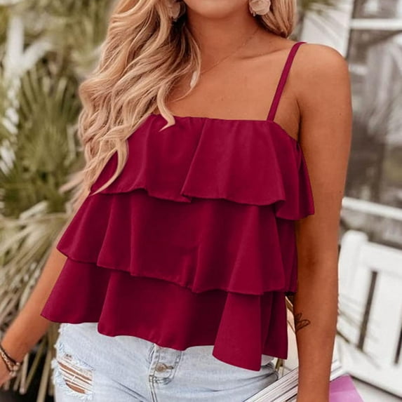 Xysaqa 2023 Women's Summer Spaghetti Strap Cami Tank Tops Babydoll Layered Ruffle Flowy Sleeveless Crop Top Solid Shirts Camisole