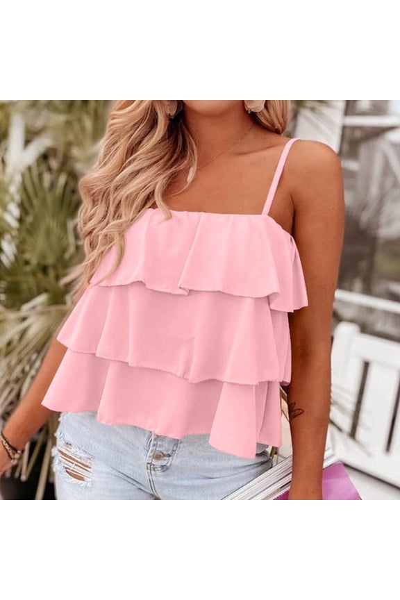 2023 Women's Summer Spaghetti Strap Cami Tank Tops Babydoll Layered Ruffle Flowy Sleeveless Crop Top Solid Shirts Camisole