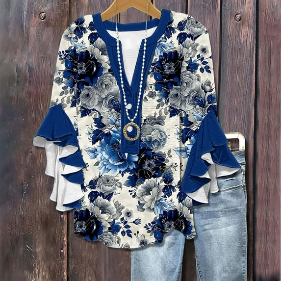 Xysaqa 2025 Fashion Womens Summer Tops Button V-Neck 3/4 Length Sleeve Shirts Elegant Floral Business Casual Blouses Loose Tunic Tees Shirts S-2XL