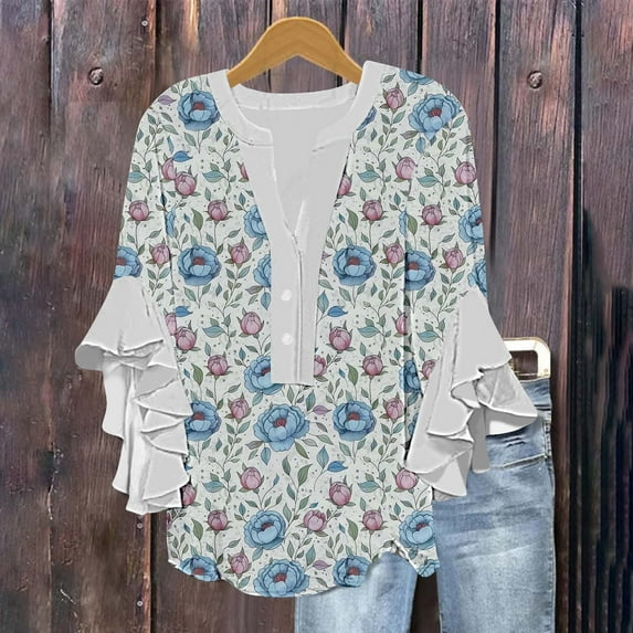 Xysaqa 3/4 Length Sleeve Womens Tops Boho Floral Printed T-Shirt Trendy V-Neck Summer Shirts Loose Fits Dressy Casual Ruffle 3/4 Sleeve Tunic Blouses Top S-2XL