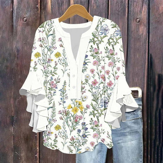 Xysaqa 3/4 Length Sleeve Womens Tops Boho Floral Printed T-Shirt Trendy V-Neck Summer Shirts Loose Fits Dressy Casual Ruffle 3/4 Sleeve Tunic Blouses Top S-2XL
