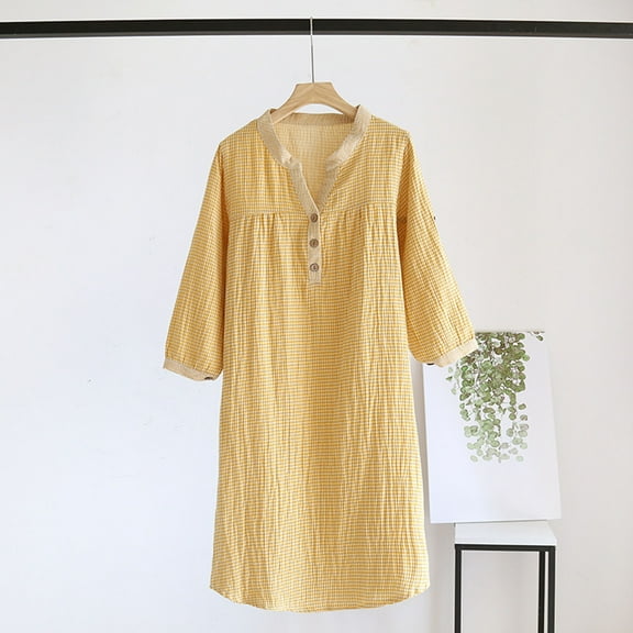 Xysaqa 3/4 Sleeves Cotton Nightgowns for Women Trendy Sleepwear Plaid Henleys V Neck Nightshirts Soft Comfy Night Gowns Lightweight Short Sleeve Sleep Dress Clothes S-XL Yellow