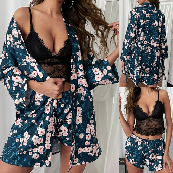 Xysaqa 3 Pack Pajama Sets for Women Lace Satin Robe with Cami Short Set Loungewear Floral Print Sleepwear Soft Comfy Summer Outfits S-XL