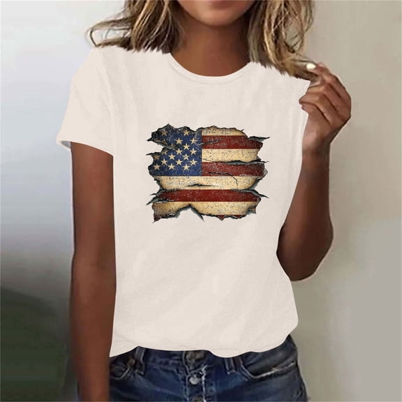 Xysaqa 4th of July Tshirts for Women American Flag Shirt Cotton Short Sleeve Patriotic Tees Workout Tops for Women Loose Fitted Independence Day T-Shirts S-XXL