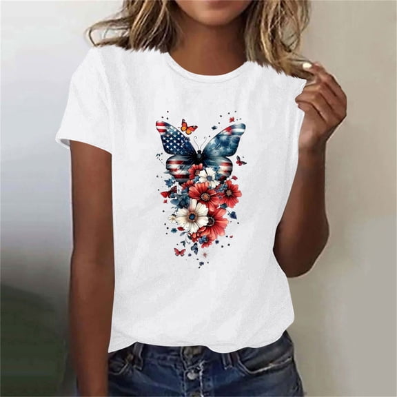 Xysaqa American Flag Tshirts for Women Short Sleeve USA Flag Patriotic T-Shirt 4th of July Floral Animals Graphic Tee Crewneck Independence Day Tops S-2X