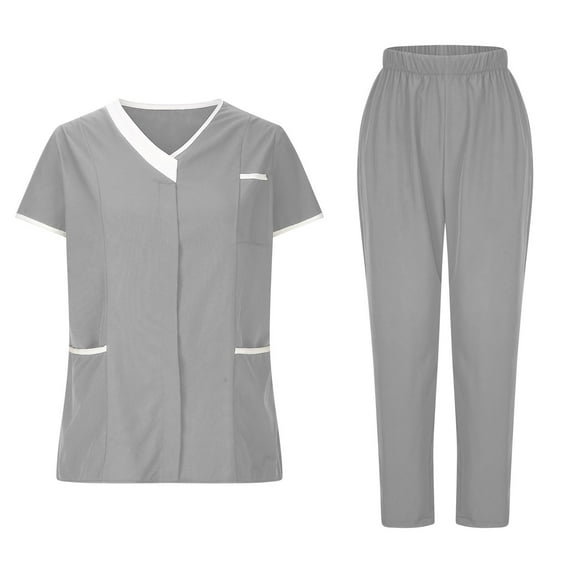 Xysaqa Basic Scrub Set for Women, Womens V-Neck Top Scrub Pants Sets with Pockets Workwear S-3XL