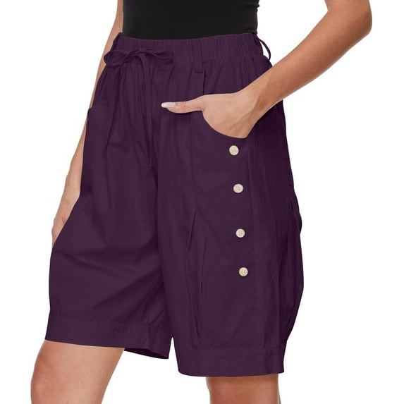Xysaqa Bermuda Shorts for Women Casual Summer Womens Comfy Buttons Cotton Linen Shorts Knee Length Elastic High Waisted Shorts for Women Pull On Beach Shorts with Pockets & Drawstring S-XXL