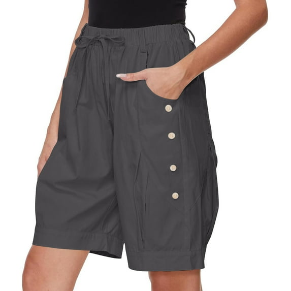 Xysaqa Bermuda Shorts for Women Casual Summer Womens Comfy Buttons Cotton Linen Shorts Knee Length Elastic High Waisted Shorts for Women Pull On Beach Shorts with Pockets & Drawstring S-XXL