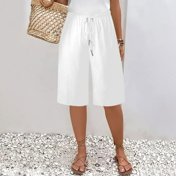 Xysaqa Bermuda Shorts for Women Casual Summer Womens Comfy Long Cotton Linen Shorts Drawstring Elastic Waist Knee Length Shorts for Women Pull On Beach Shorts with Pockets S-2XL