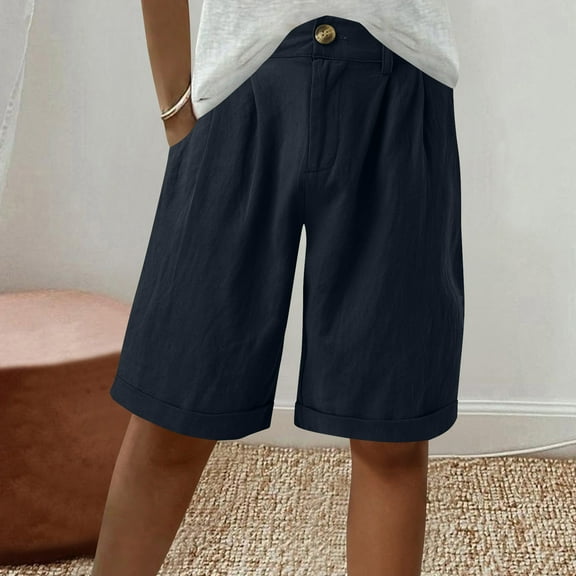 Xysaqa Bermuda Shorts for Women Casual Summer Womens Comfy Long Cotton Linen Shorts Knee Length High Waisted Shorts for Women Pull On Beach Shorts with Pockets S-3XL
