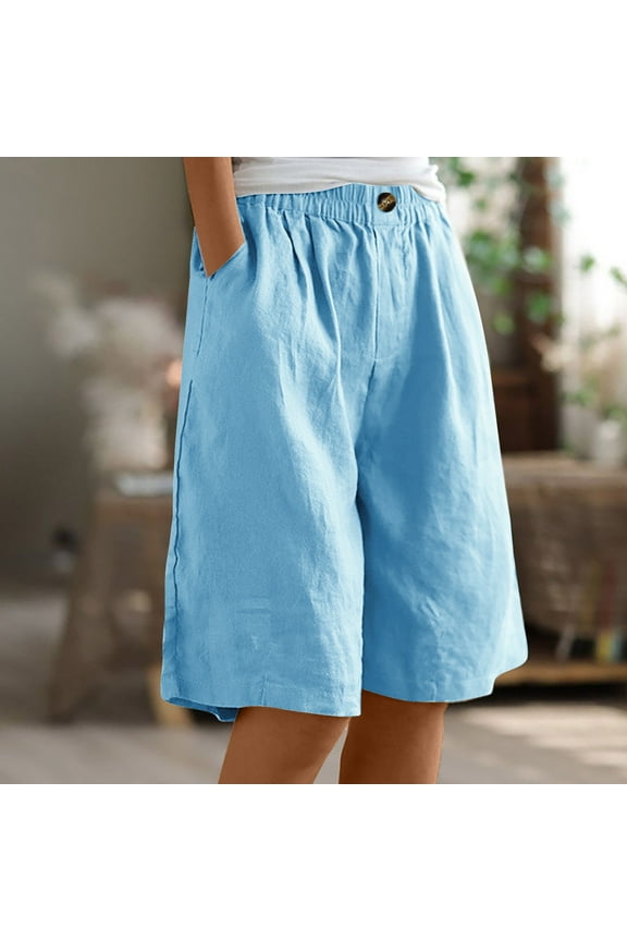 Bermuda Shorts for Women Casual Summer Womens Comfy Long Cotton Linen Shorts Knee Length High Waisted Shorts for Women Pull On Beach Shorts with Pockets S-3XL