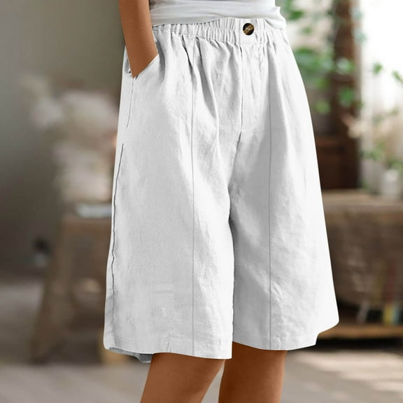 Xysaqa Bermuda Shorts for Women Casual Summer Womens Comfy Long Cotton Linen Shorts Knee Length High Waisted Shorts for Women Pull On Beach Shorts with Pockets S-3XL