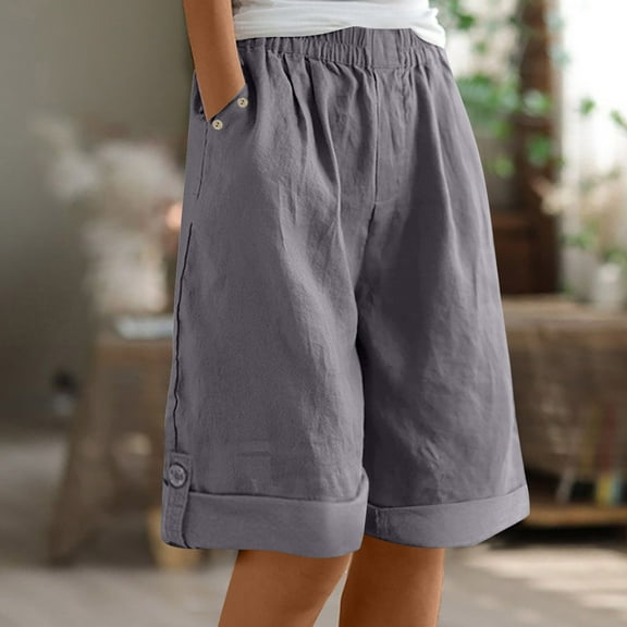 Xysaqa Bermuda Shorts for Women Casual Summer Womens Comfy Long Cotton Linen Shorts Knee Length High Waisted Shorts for Women Pull On Beach Shorts with Pockets S-3XL