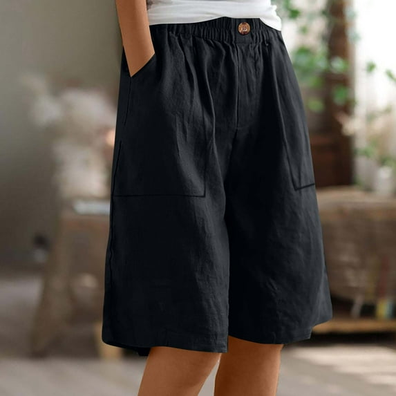 Xysaqa Bermuda Shorts for Women Casual Summer Womens Comfy Long Cotton Linen Shorts Knee Length High Waisted Shorts for Women Pull On Beach Shorts with Pockets S-3XL