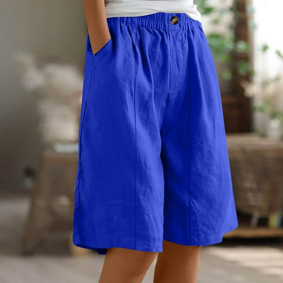 Xysaqa Bermuda Shorts for Women Casual Summer Womens Comfy Long Cotton Linen Shorts Knee Length High Waisted Shorts for Women Pull On Beach Shorts with Pockets S-3XL