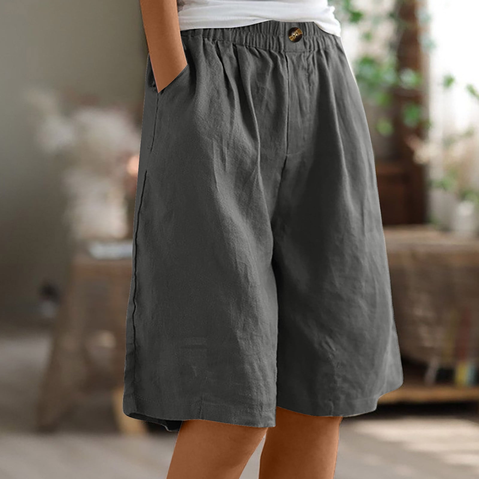 Xysaqa Women Knee Shorts Elastic Waist, Linen Casual Pockets Pants