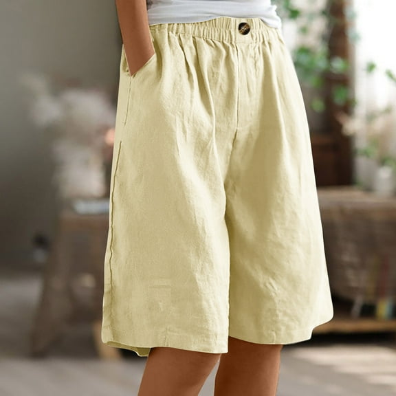 Xysaqa Bermuda Shorts for Women Casual Summer Womens Comfy Long Cotton Linen Shorts Knee Length High Waisted Shorts for Women Pull On Beach Shorts with Pockets S-3XL