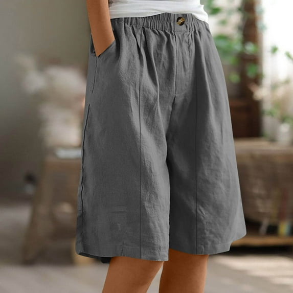 Xysaqa Bermuda Shorts for Women Casual Summer Womens Comfy Long Cotton Linen Shorts Knee Length High Waisted Shorts for Women Pull On Beach Shorts with Pockets S-3XL